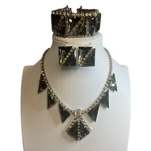 Smoky Quartz Glass Rhinestone Necklace Bracelet Earrings Demi Parure Vtg
